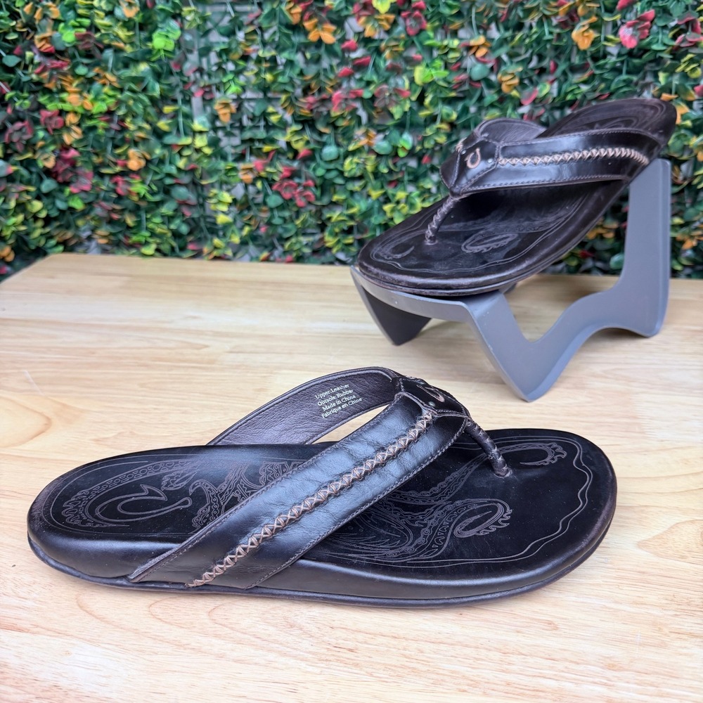 OluKai Mea Ola Mens Leather Flip Flops Dark Java Brown Sandals 10138 Size 11